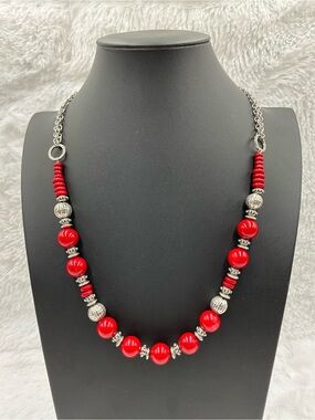 Ruby Rd. Red Beaded Statement Necklace with Silver-Tone Accents Authentic
